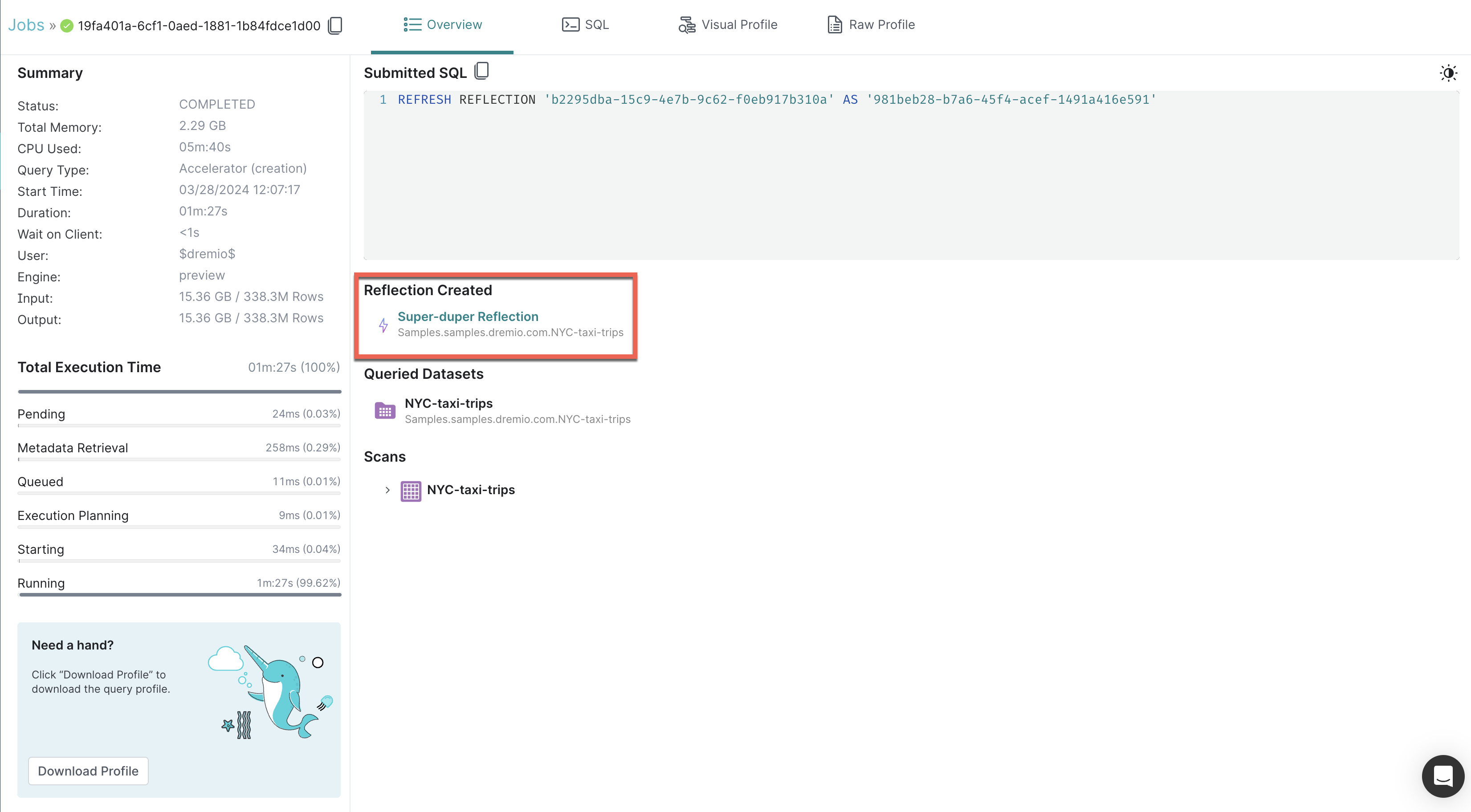 Reflection refresh job listed on the Jobs page in the Dremio console