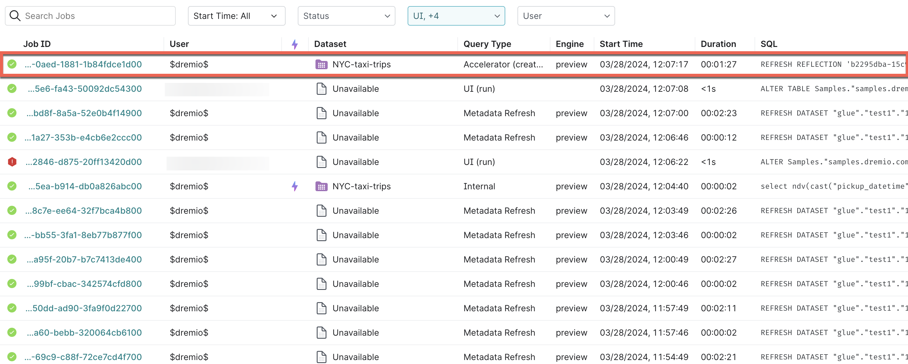 Reflection refresh job listed on the Jobs page in the Dremio console