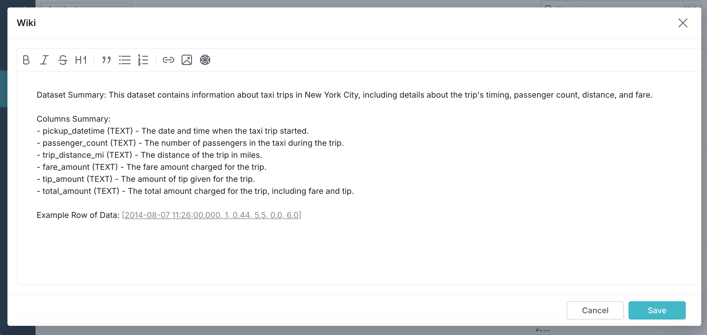 This image shows an example of the Wiki editor in Dremio.