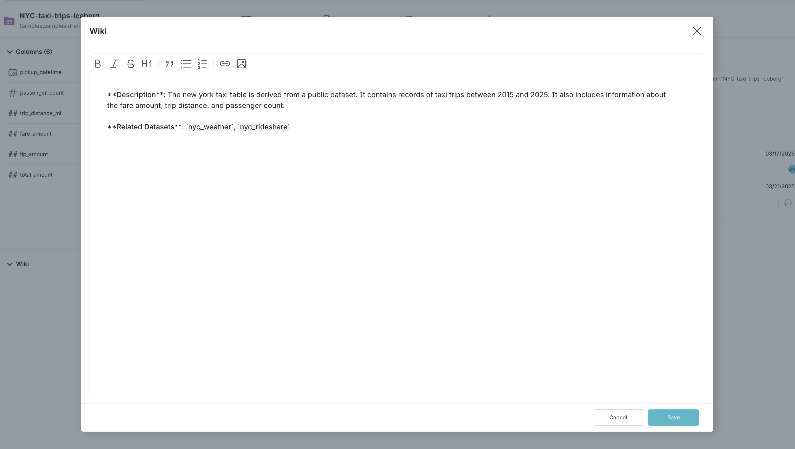 This image shows an example of the Wiki editor in Dremio.