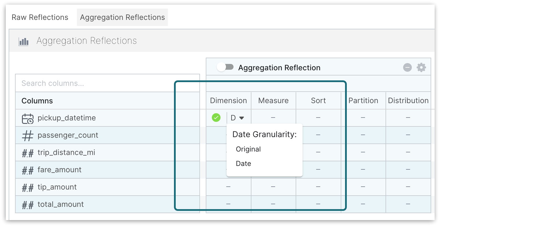 Selecting the granularity.