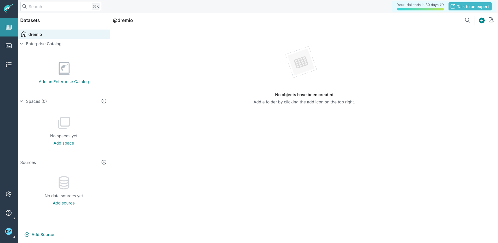 Dremio console landing page.