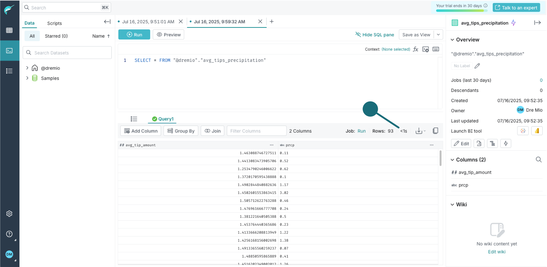 The query with a highlight in the execution time after the acceleration.