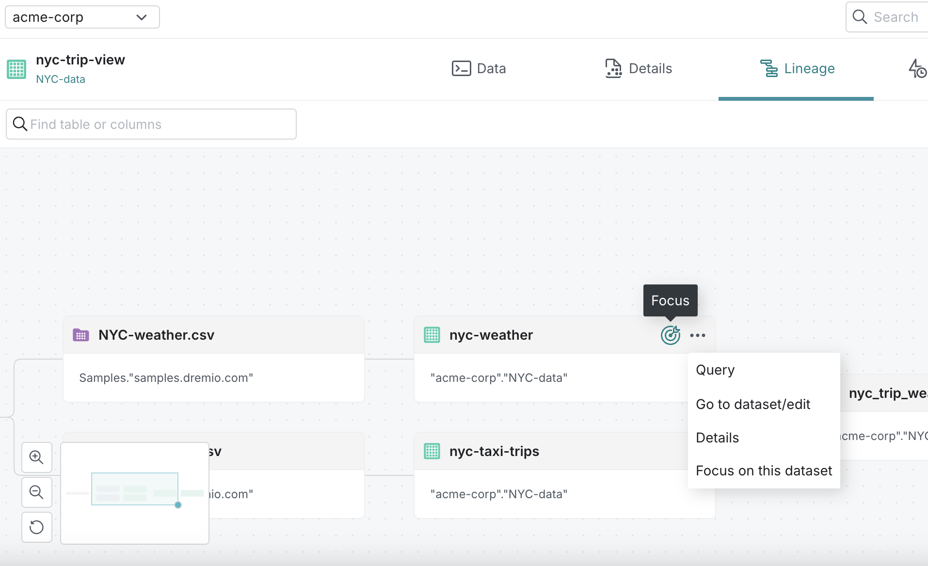 This is a screenshot showing the option to refocus the lineage graph on a different dataset.