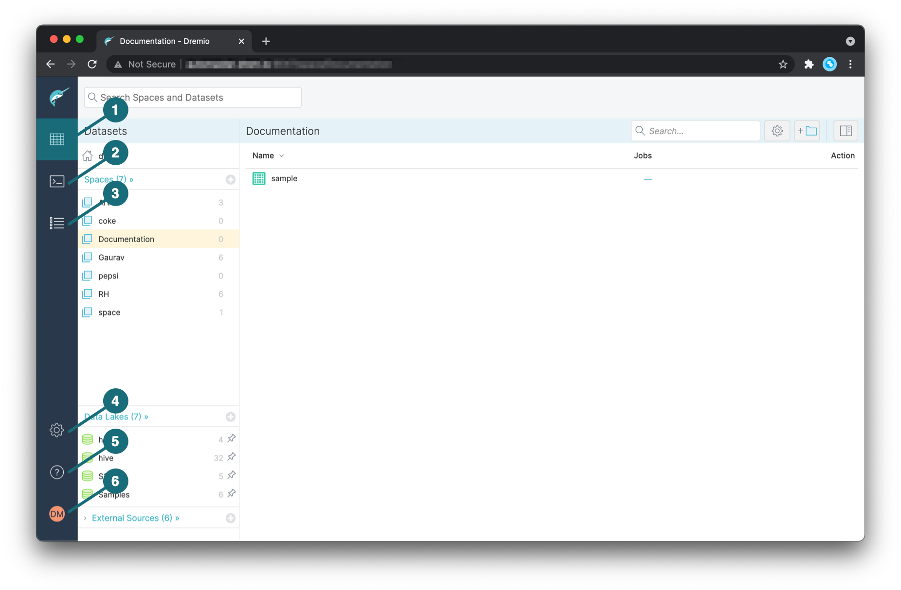 This image shows the new left-hand navigation menu in Dremio.