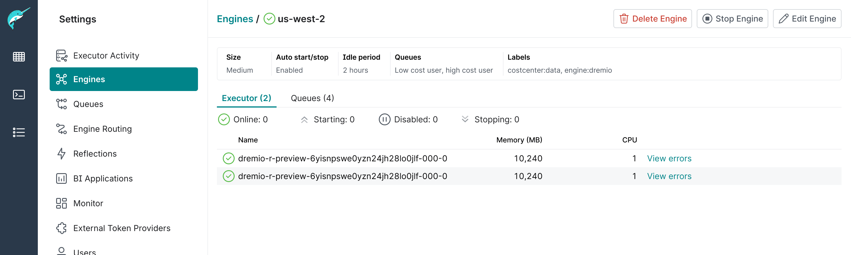 Engine details page showing all the information about the engine.