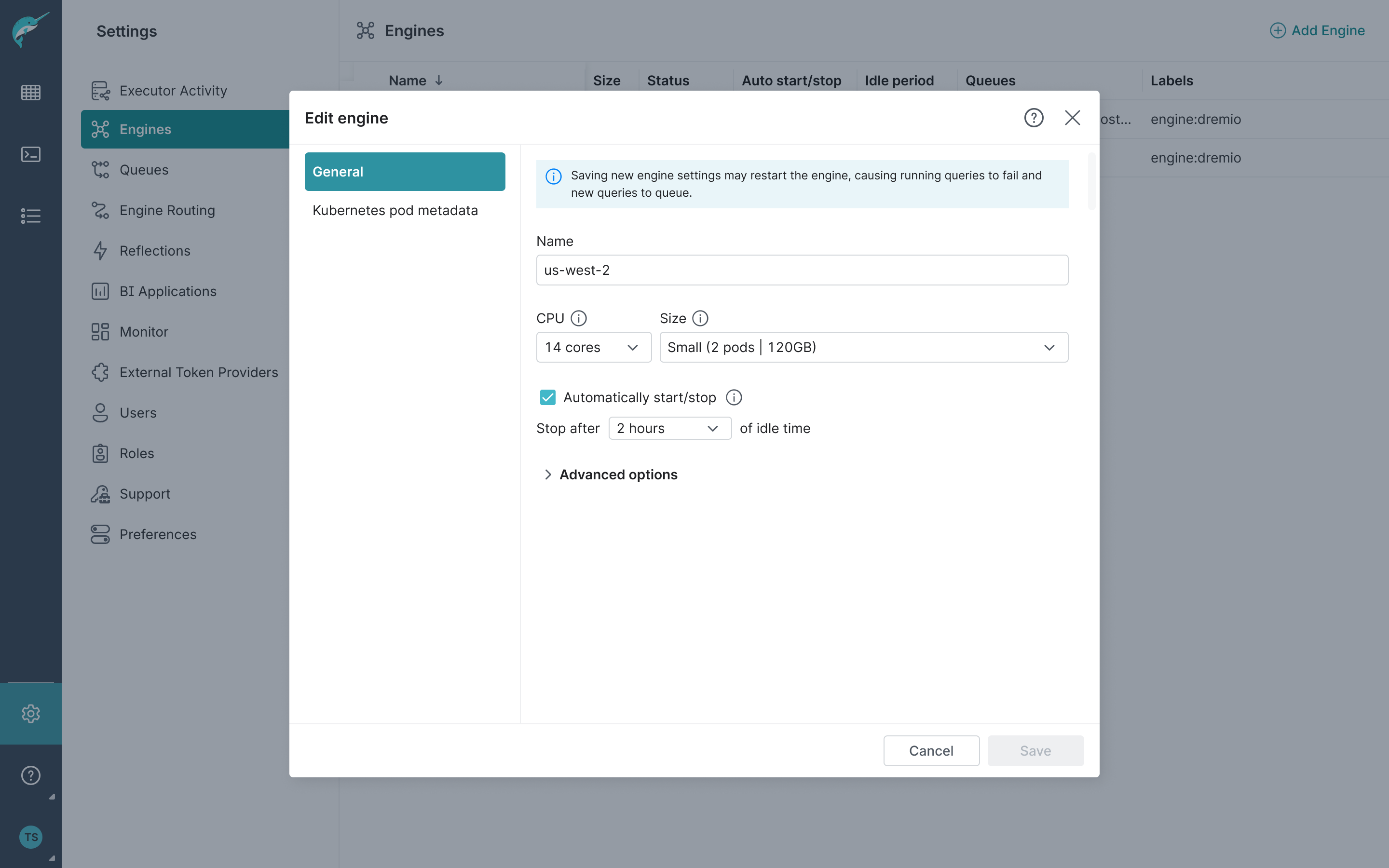 Edit engine showing the general settings.