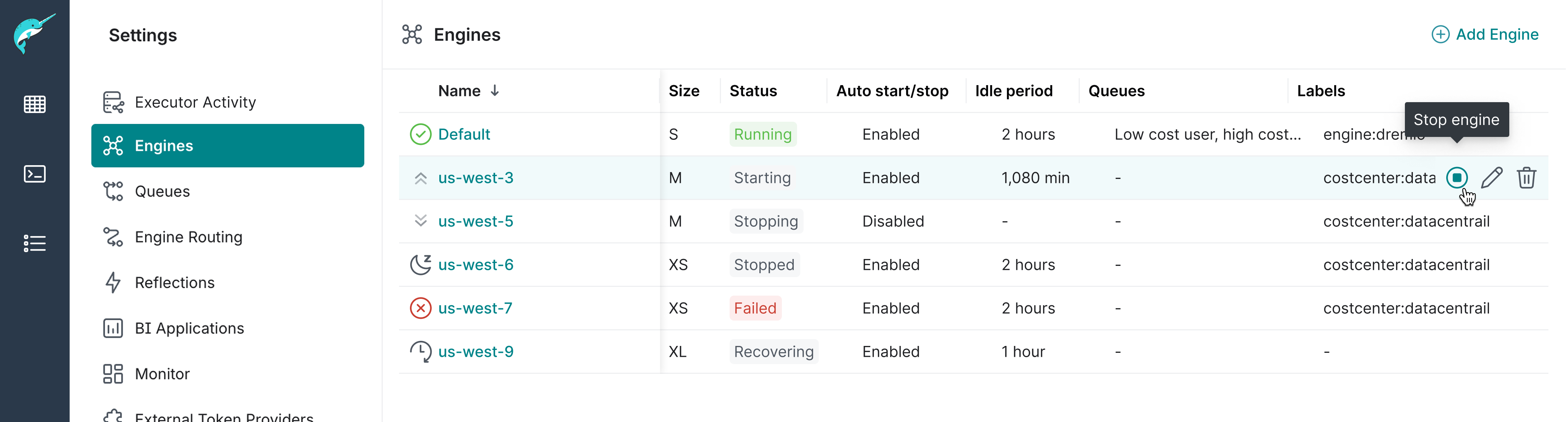 Engines page showing the icons with the actions for each engine.
