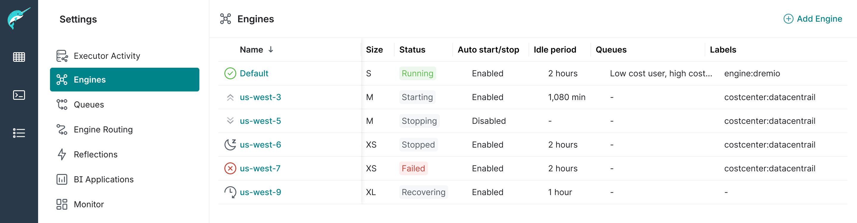 Engines page under Project Settings showing all the current engines and their statuses.