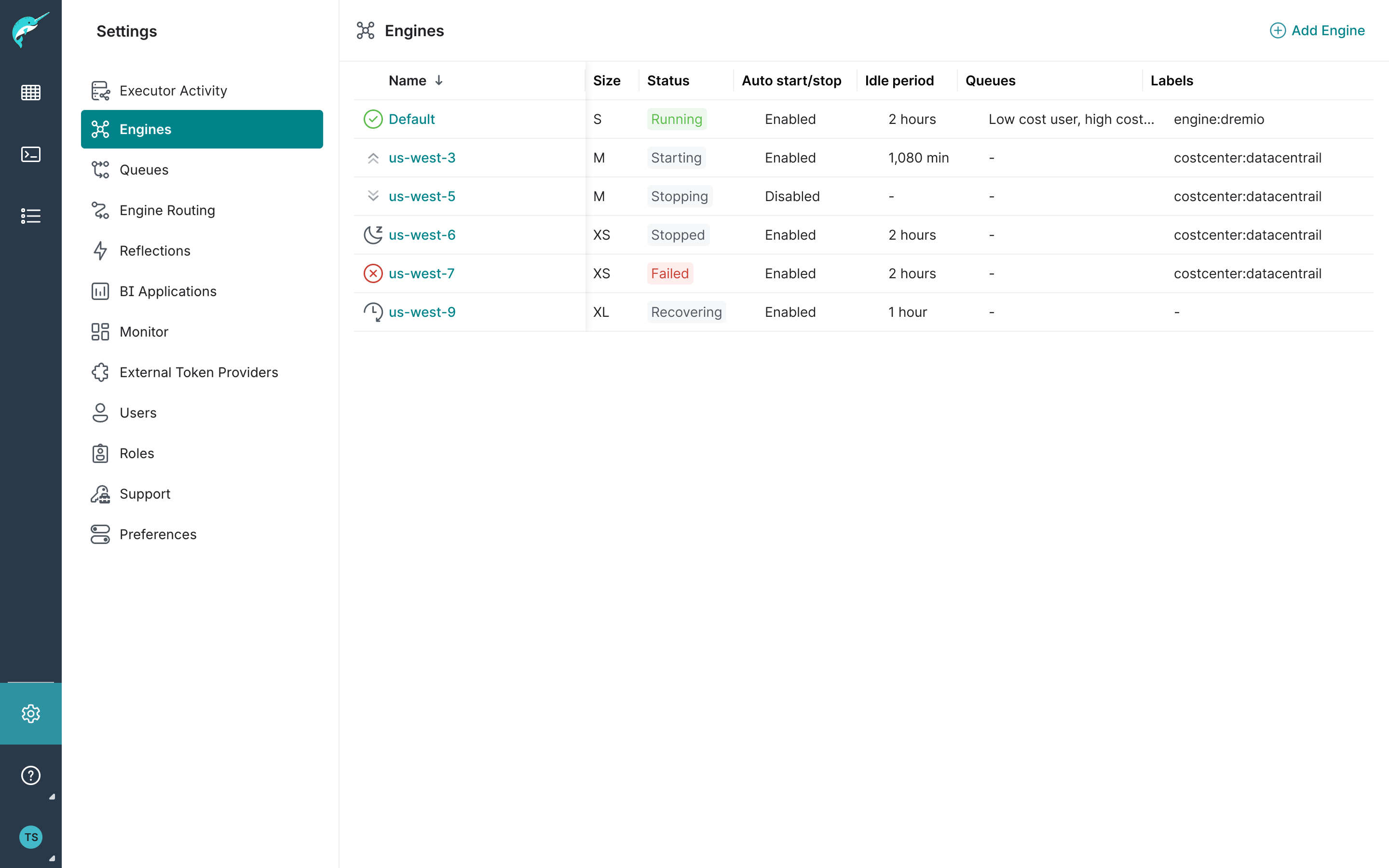 Engines page under Project Settings listing all engines.