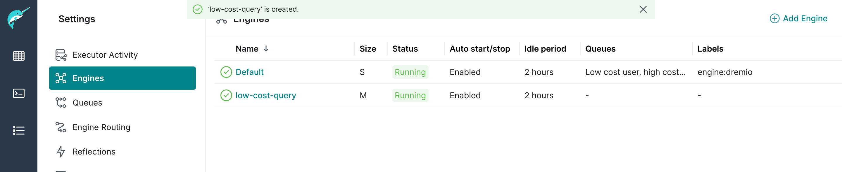 Engines page showing the current engines, which now includes the newly added engine.