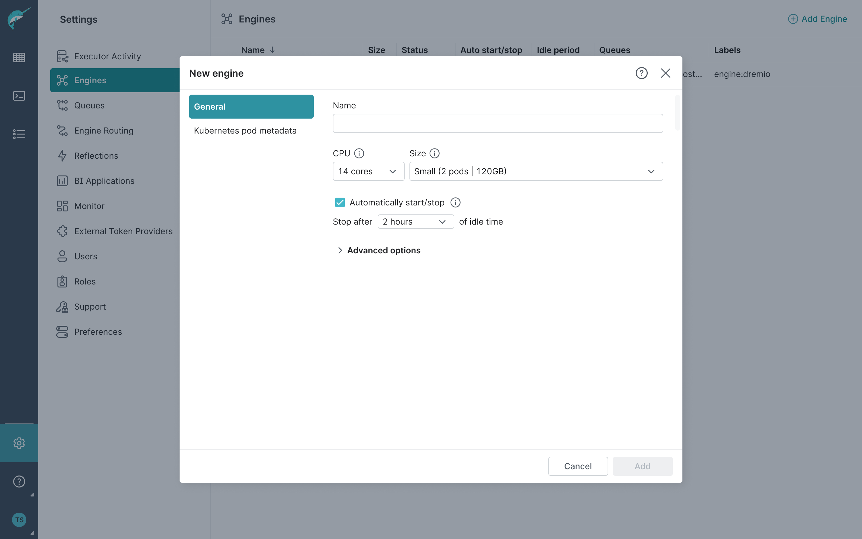 The general settings to add a new engine.